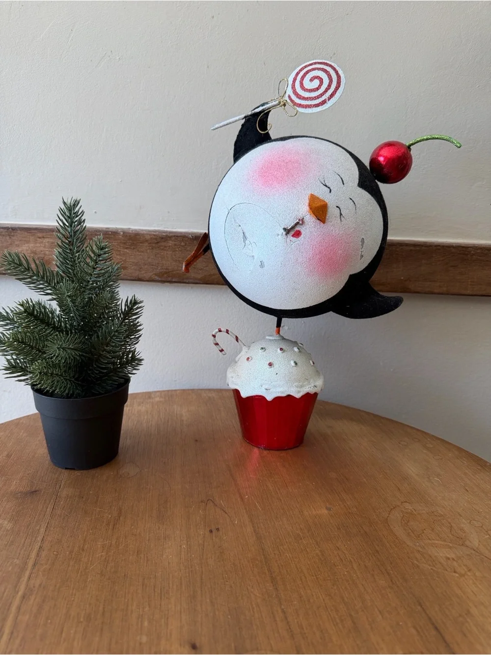 Pier 1 Black & White Penguin Cupcake Figurine with Red Accents